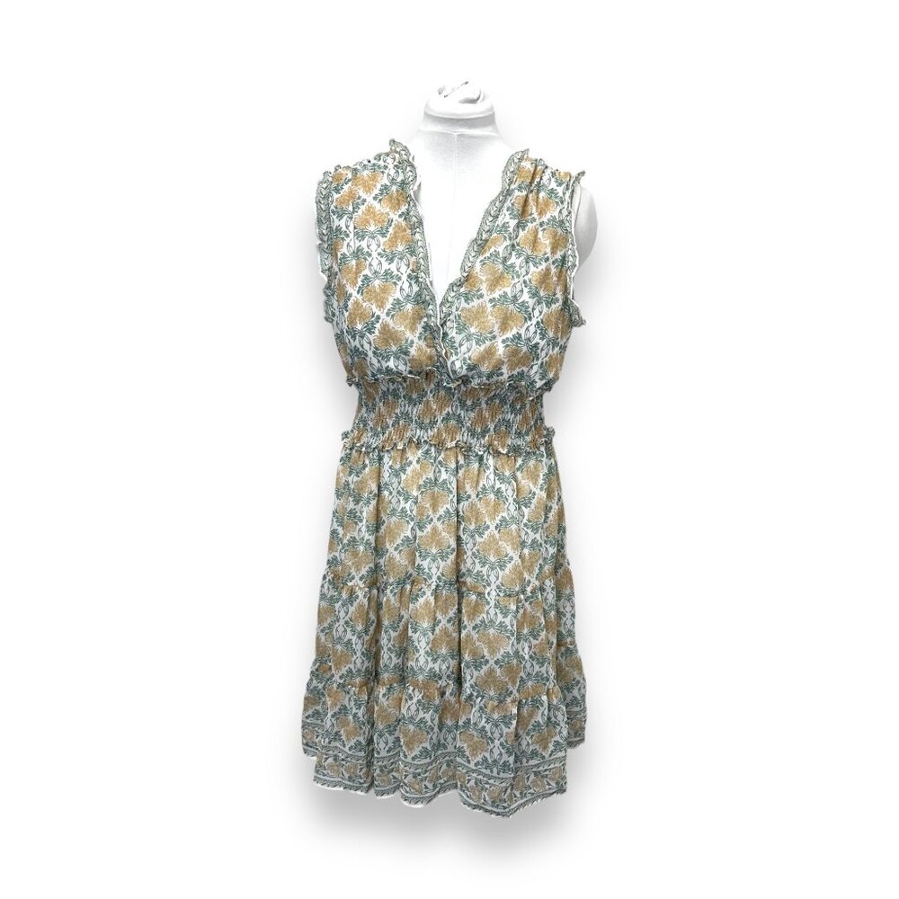 Max Studio Women’s Smocked Ditsy Floral Mini Dress Birch Gold Nouveau Bouquet XL